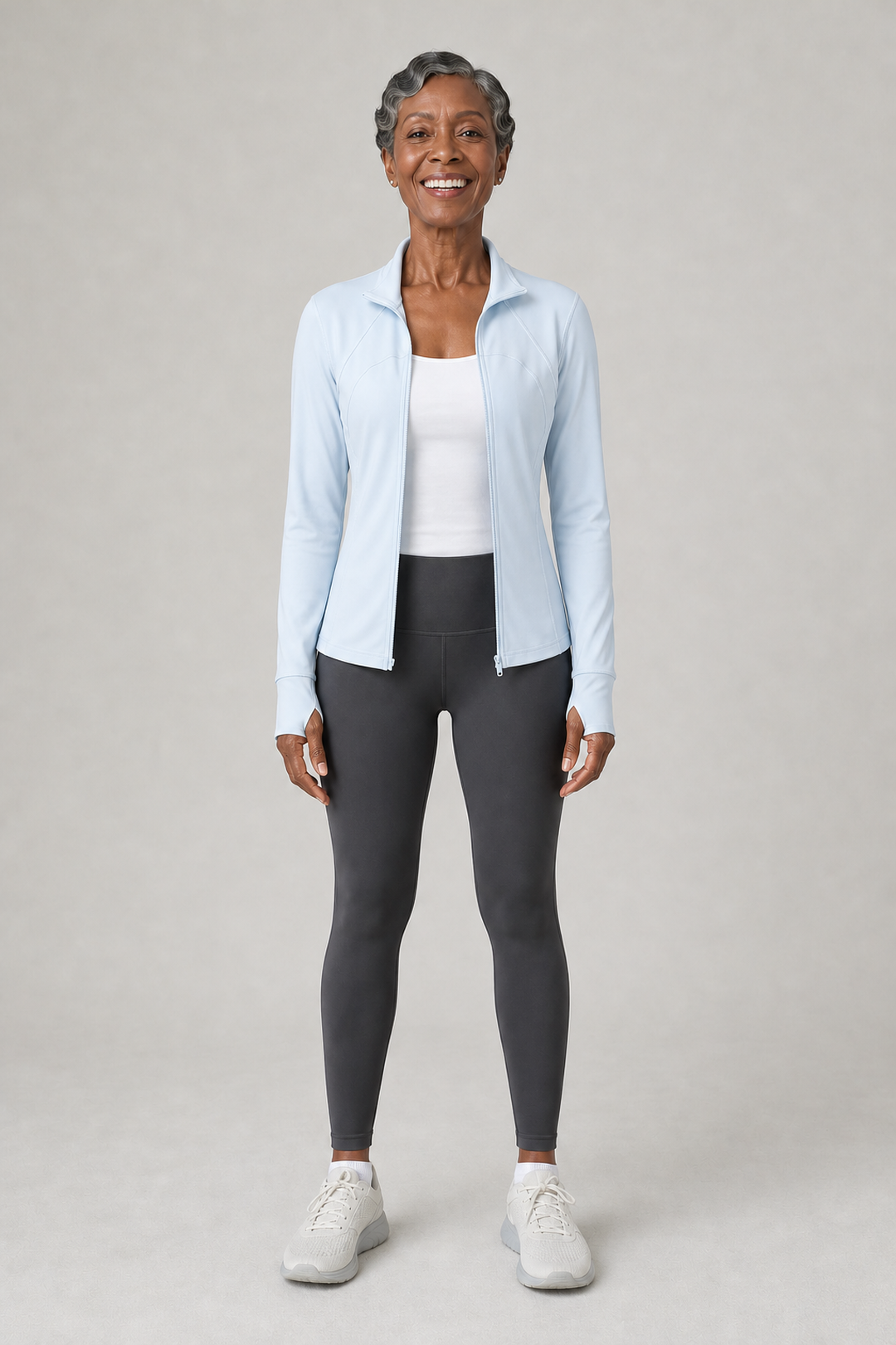 Corabelle in Blue Jacket + Charcoal Trousers