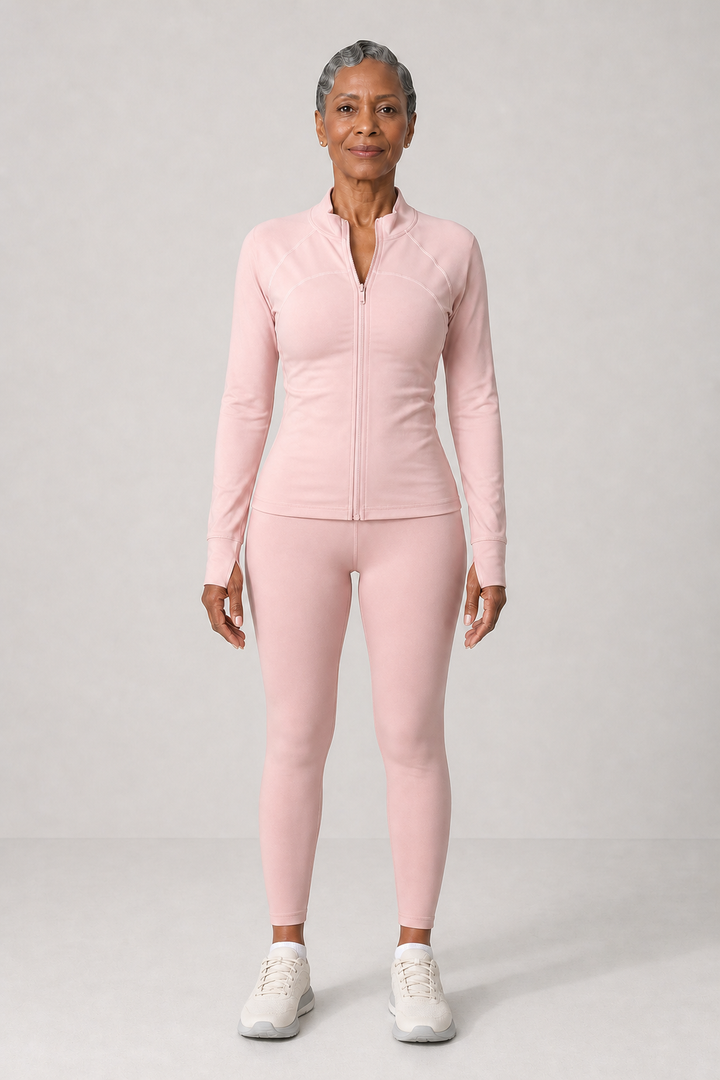 Philomena in Pink Jacket + Charcoal Trousers