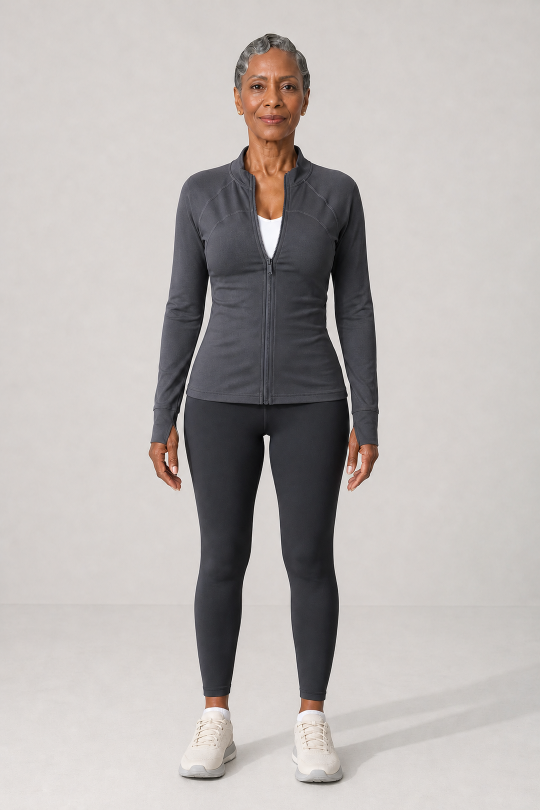 Philomena in Blue Jacket + Charcoal Trousers