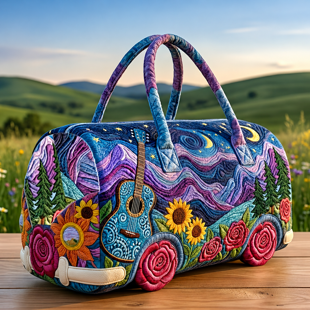 Ozella | Quilted Weekend Bag — quilted duffle bag with a retro camper van design, deep blue and purple starry-night print with sunflowers, roses and a guitar
