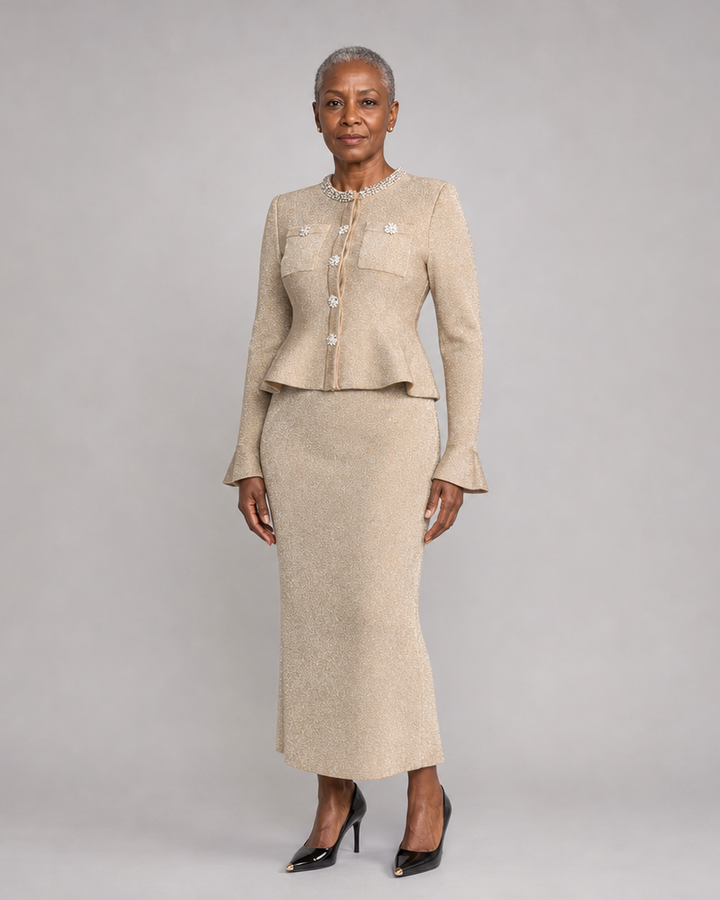 Abigail | Women's Shimmer Knit Peplum Two-Piece Co-Ord with Crystal Detail