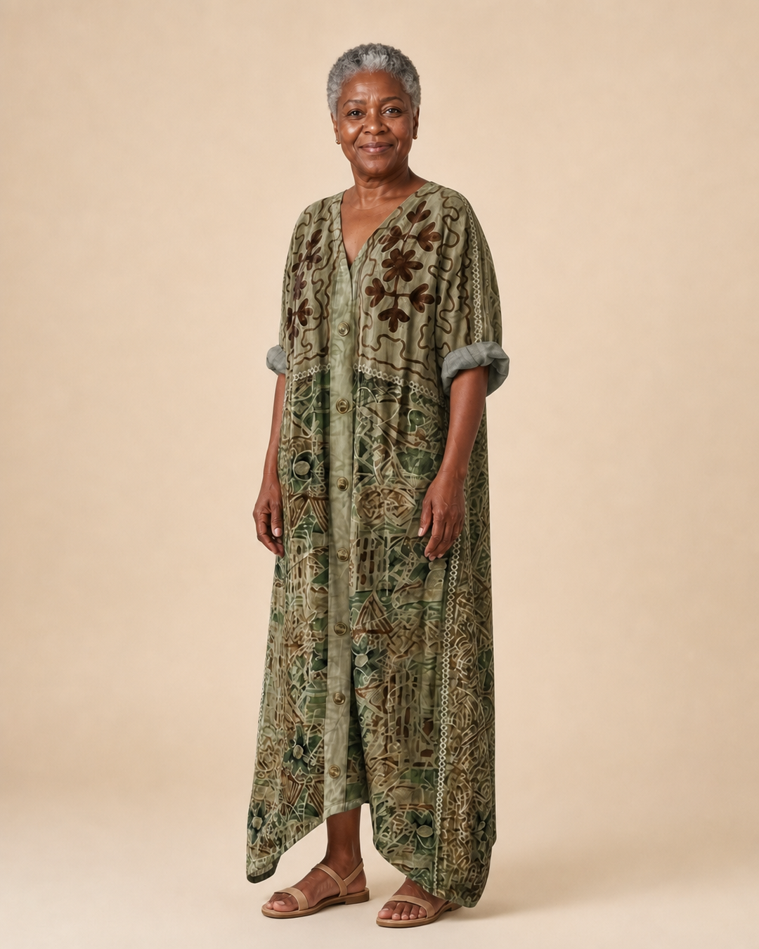 Adelina | Olive Botanical Button-Front Maxi Dress