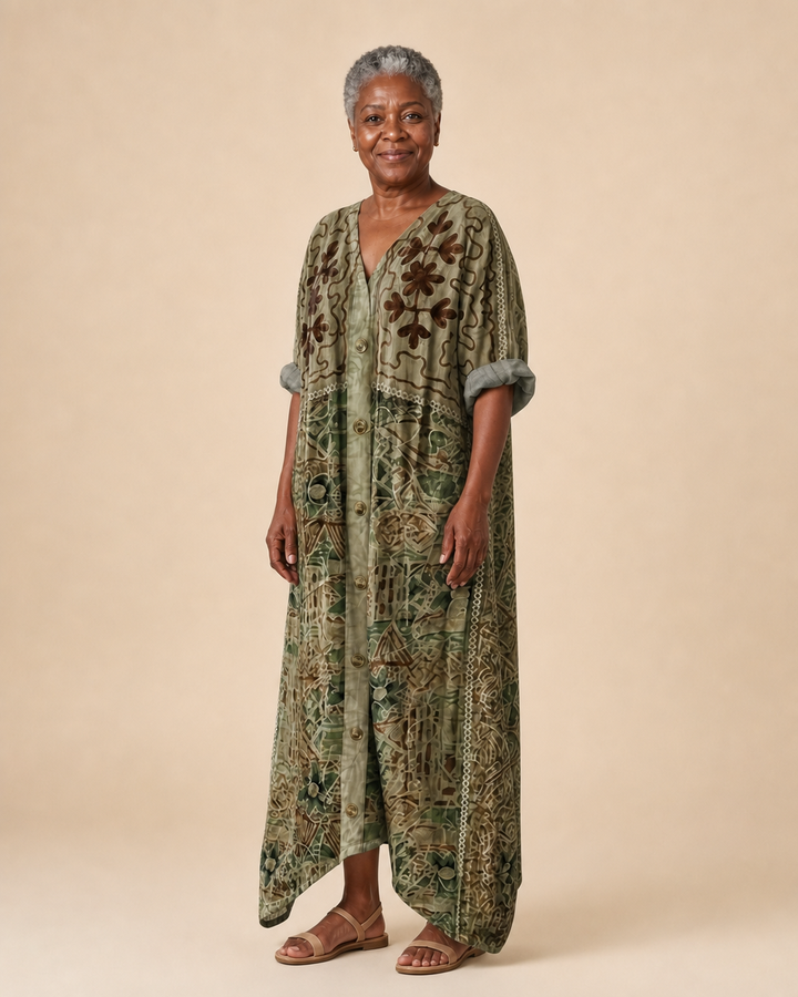 Adelina | Olive Botanical Button-Front Maxi Dress