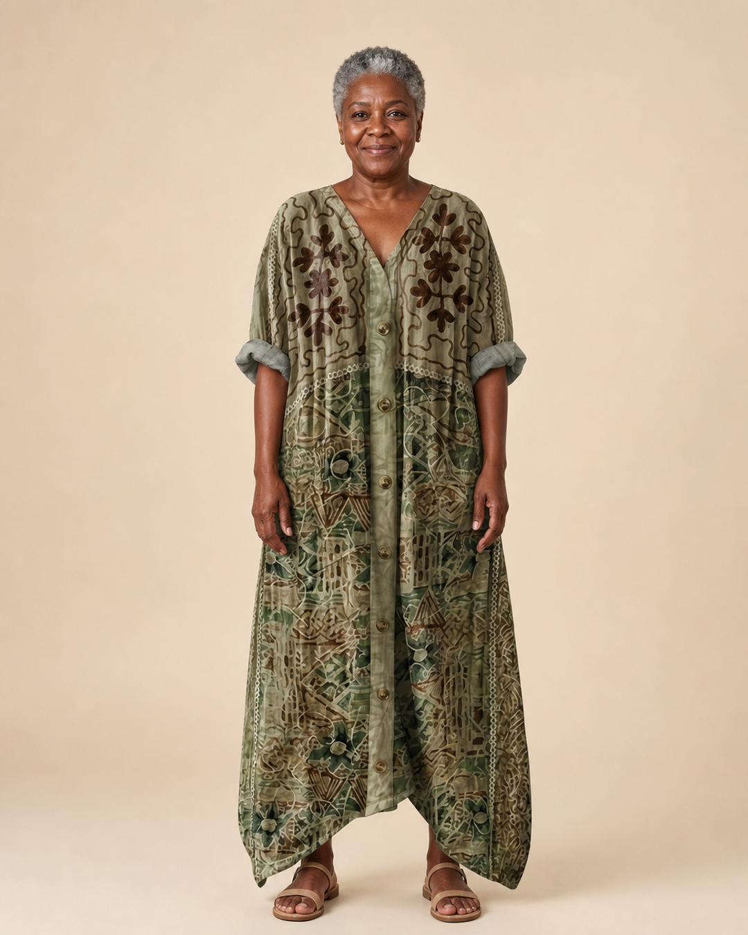 Adelina | Olive Botanical Button-Front Maxi Dress