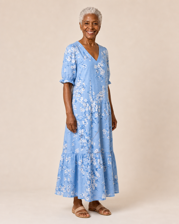 Marlise | Sky Blossom Tiered Midi Dress