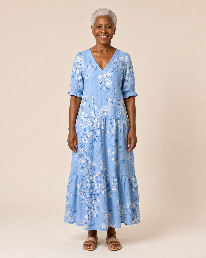 Marlise | Sky Blossom Tiered Midi Dress