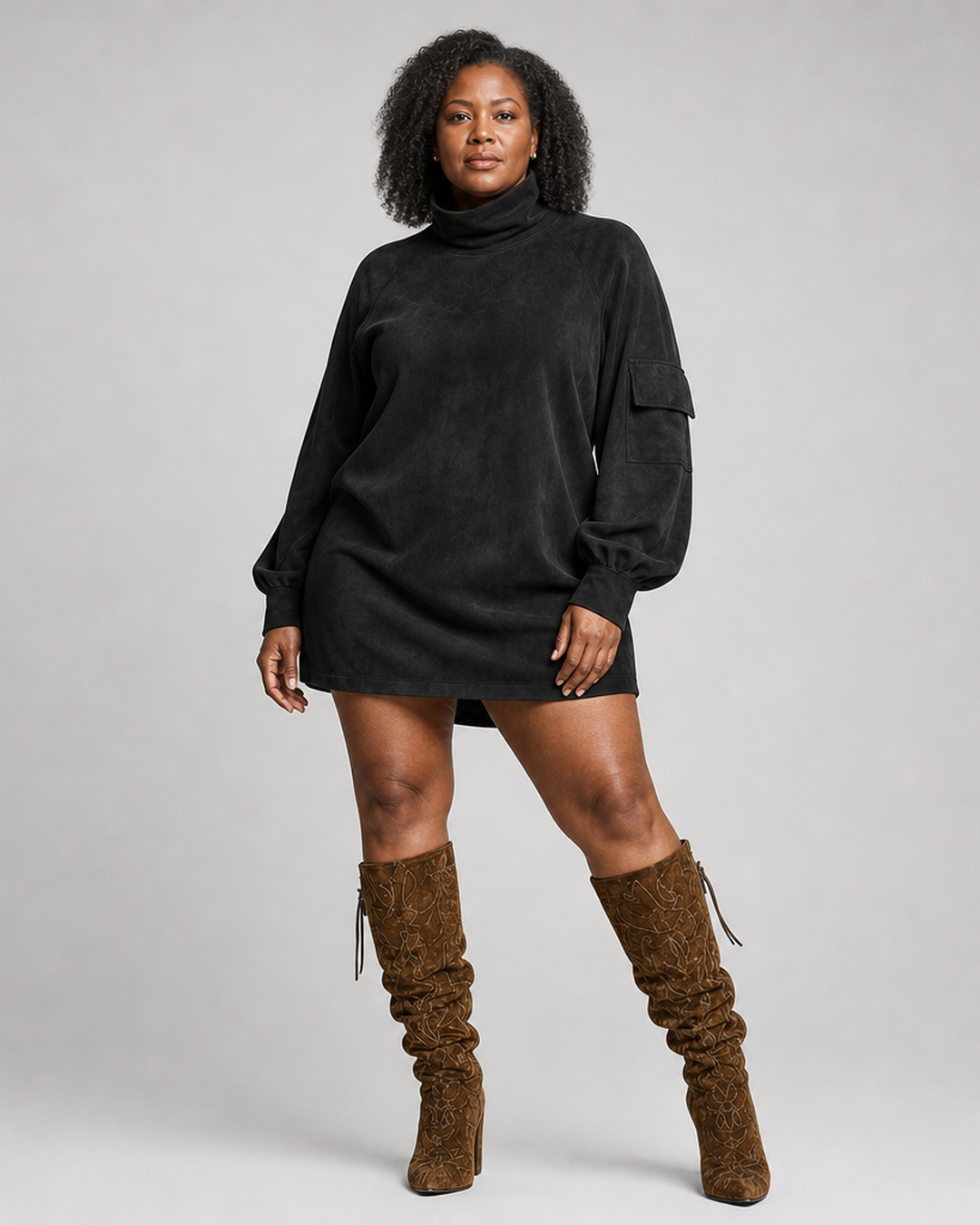 Amelia | Women's Oversized Turtleneck Suede Mini Dress with Cargo Pockets