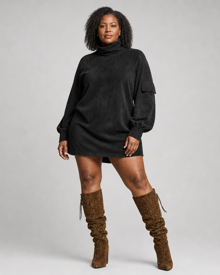 Amelia | Women's Oversized Turtleneck Suede Mini Dress with Cargo Pockets