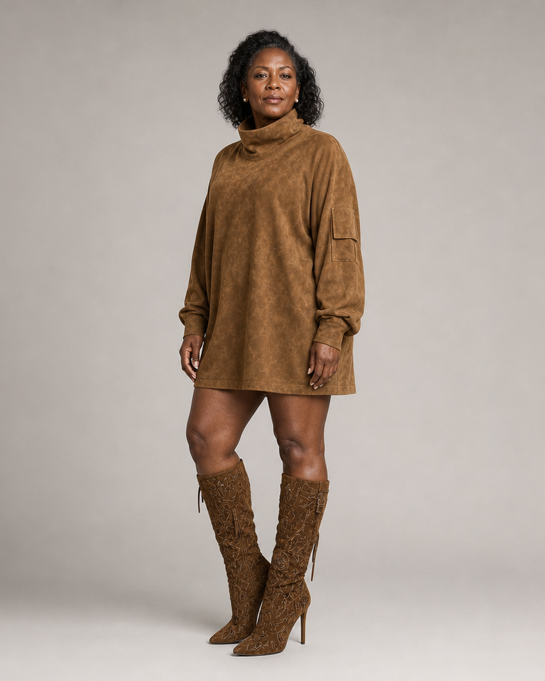 Amelia | Women's Oversized Turtleneck Suede Mini Dress with Cargo Pockets