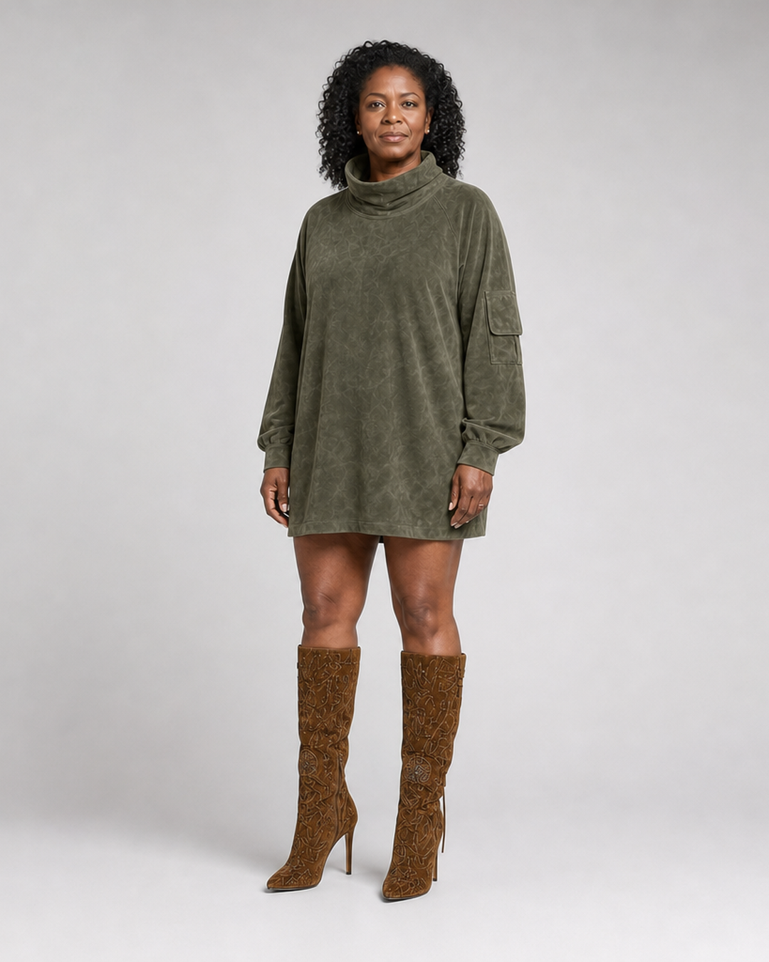 Amelia | Women's Oversized Turtleneck Suede Mini Dress with Cargo Pockets