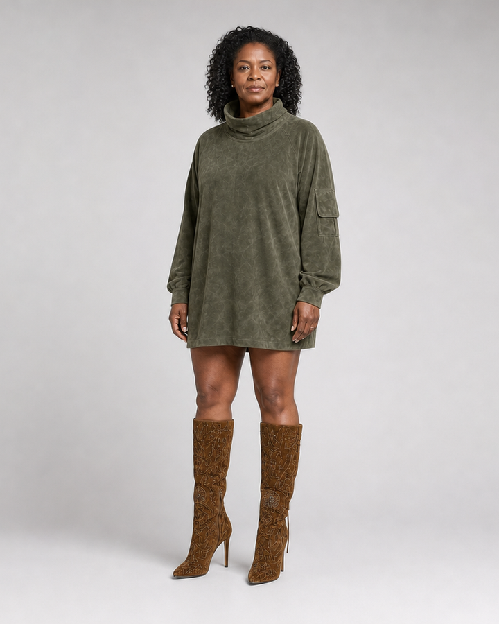 Amelia | Women's Oversized Turtleneck Suede Mini Dress with Cargo Pockets