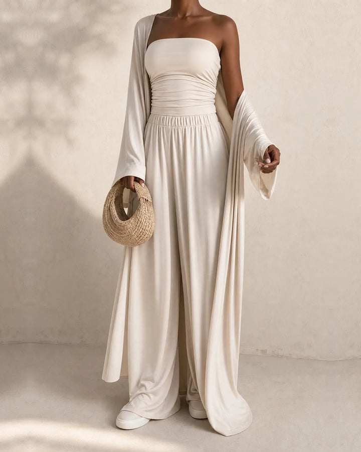 Amira | Strapless Top & Wide-Leg Set with Cardigan