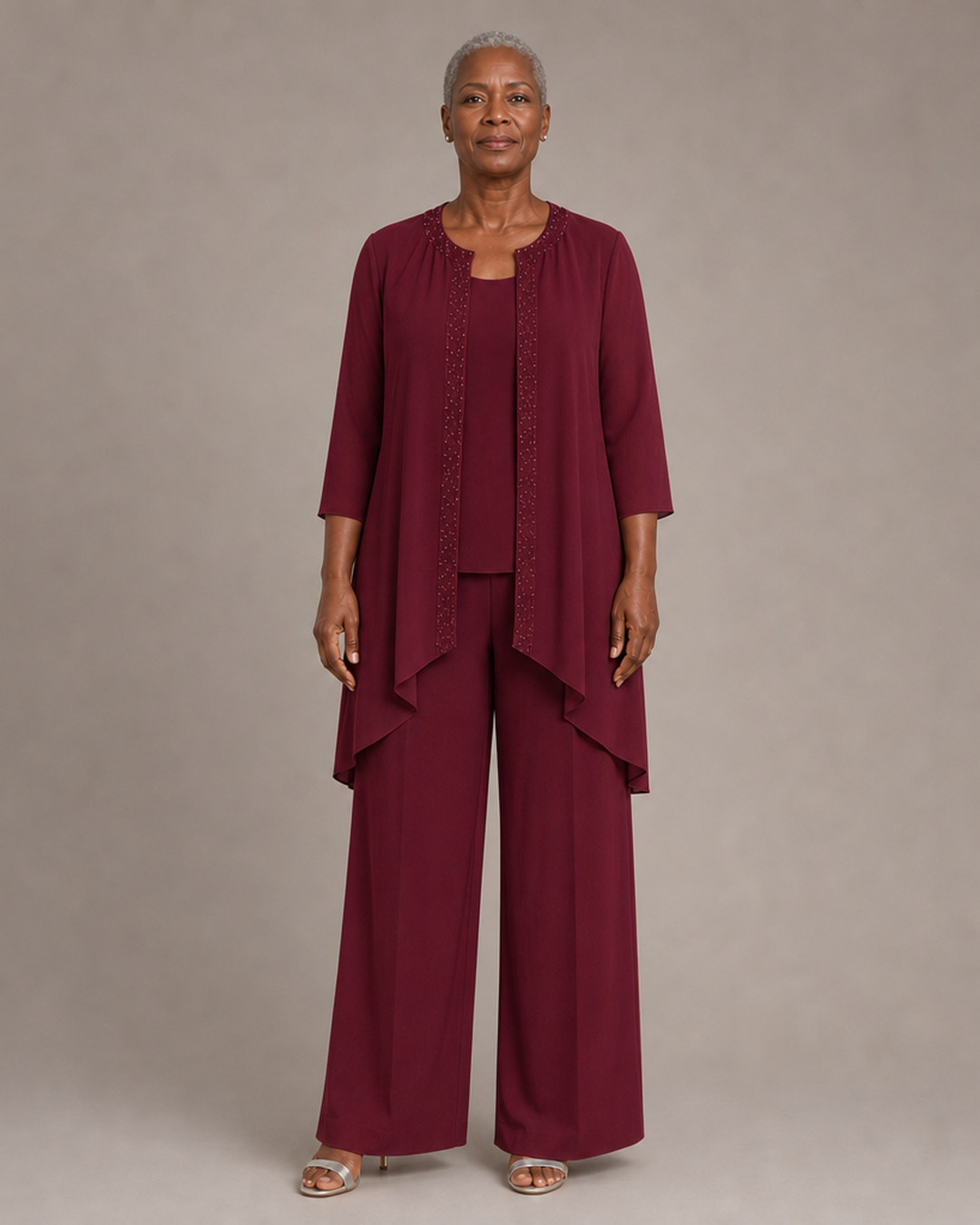 Beaded Three-Piece Chiffon Pant Suit with Draped Jacket