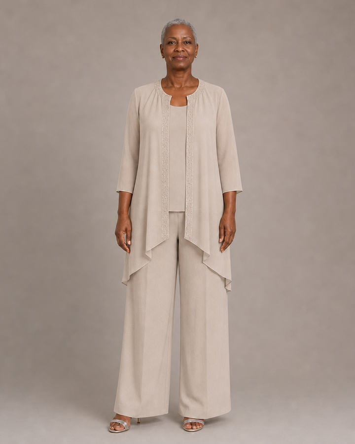 Beaded Three-Piece Chiffon Pant Suit with Draped Jacket