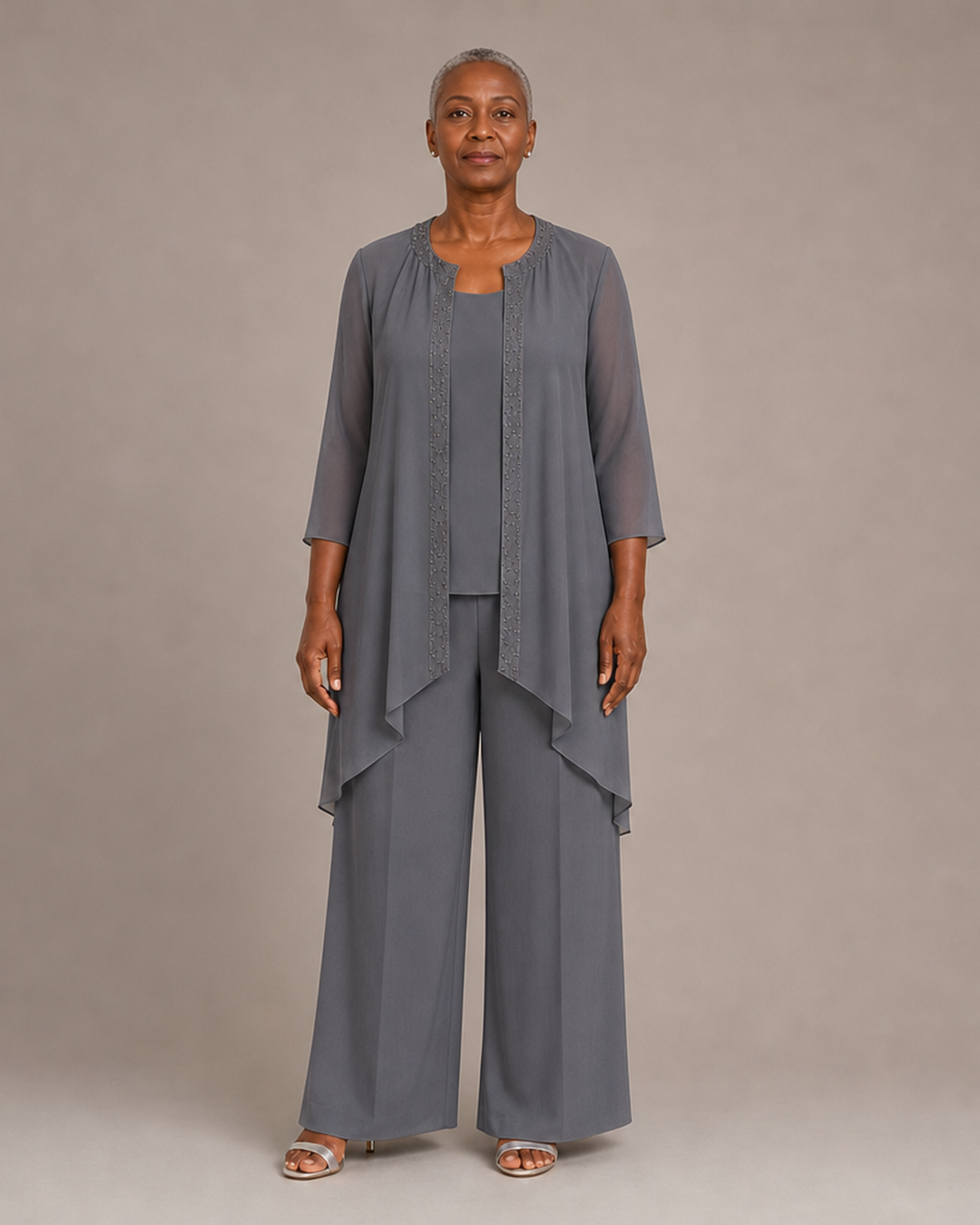 Beaded Three-Piece Chiffon Pant Suit with Draped Jacket