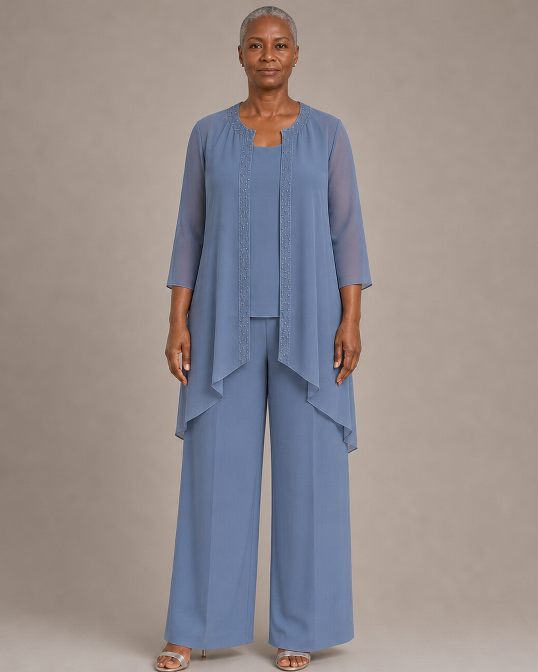 Beaded Three-Piece Chiffon Pant Suit with Draped Jacket