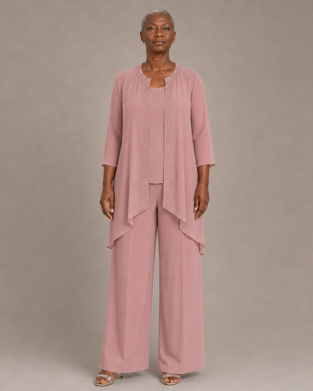 Beaded Three-Piece Chiffon Pant Suit with Draped Jacket