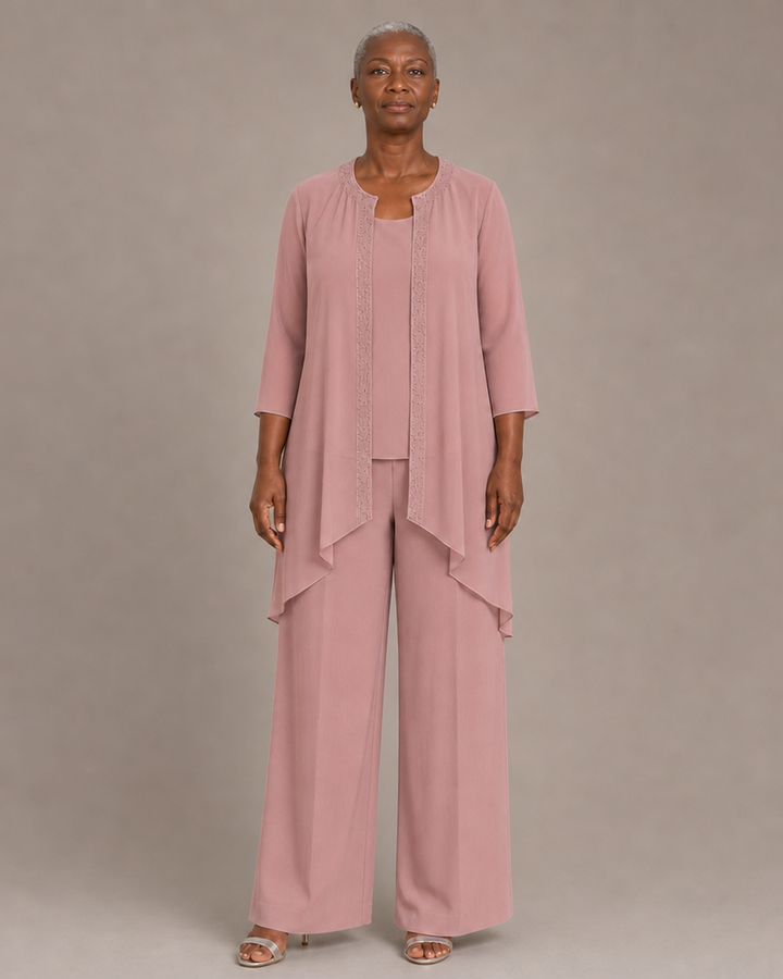 Beaded Three-Piece Chiffon Pant Suit with Draped Jacket
