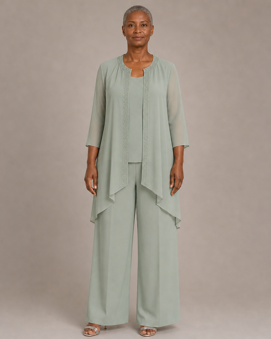 Beaded Three-Piece Chiffon Pant Suit with Draped Jacket