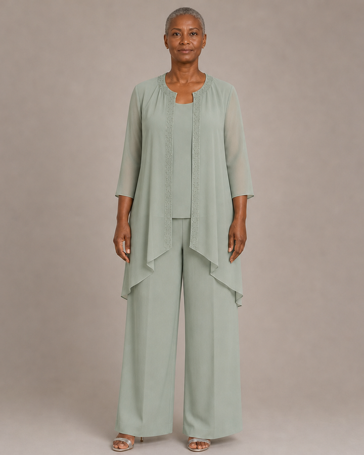 Beaded Three-Piece Chiffon Pant Suit with Draped Jacket