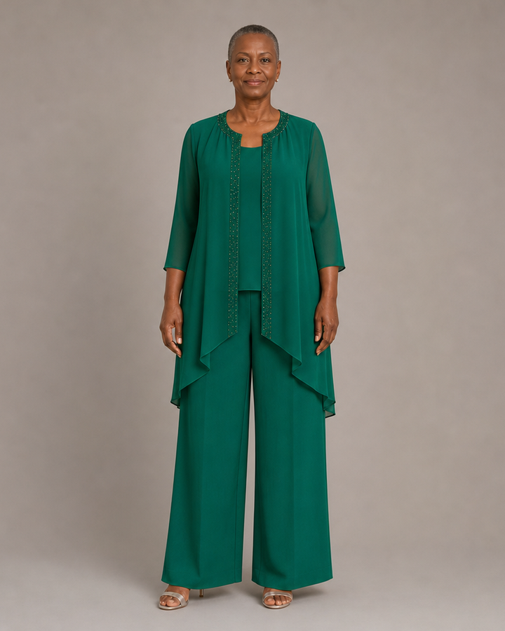 Beaded Three-Piece Chiffon Pant Suit with Draped Jacket