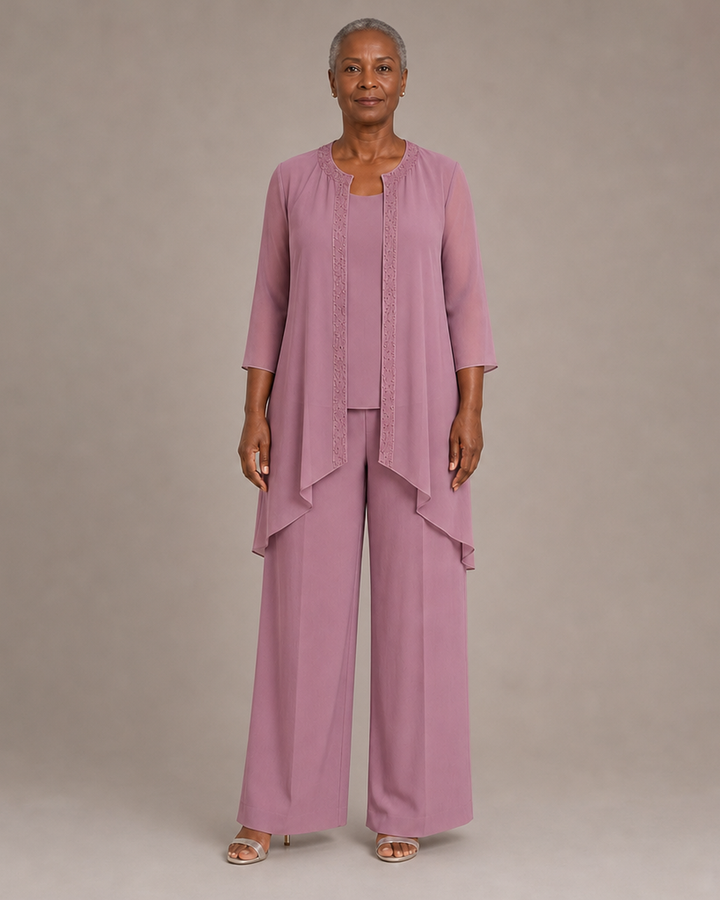Beaded Three-Piece Chiffon Pant Suit with Draped Jacket