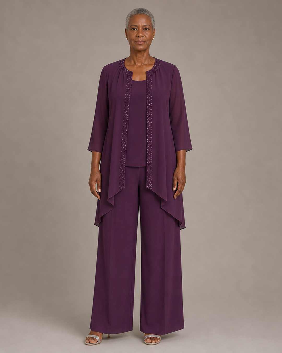 Beaded Three-Piece Chiffon Pant Suit with Draped Jacket