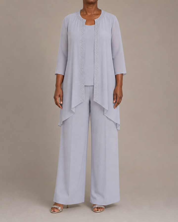 Beaded | Three-Piece Chiffon Pant Suit with Draped Jacket