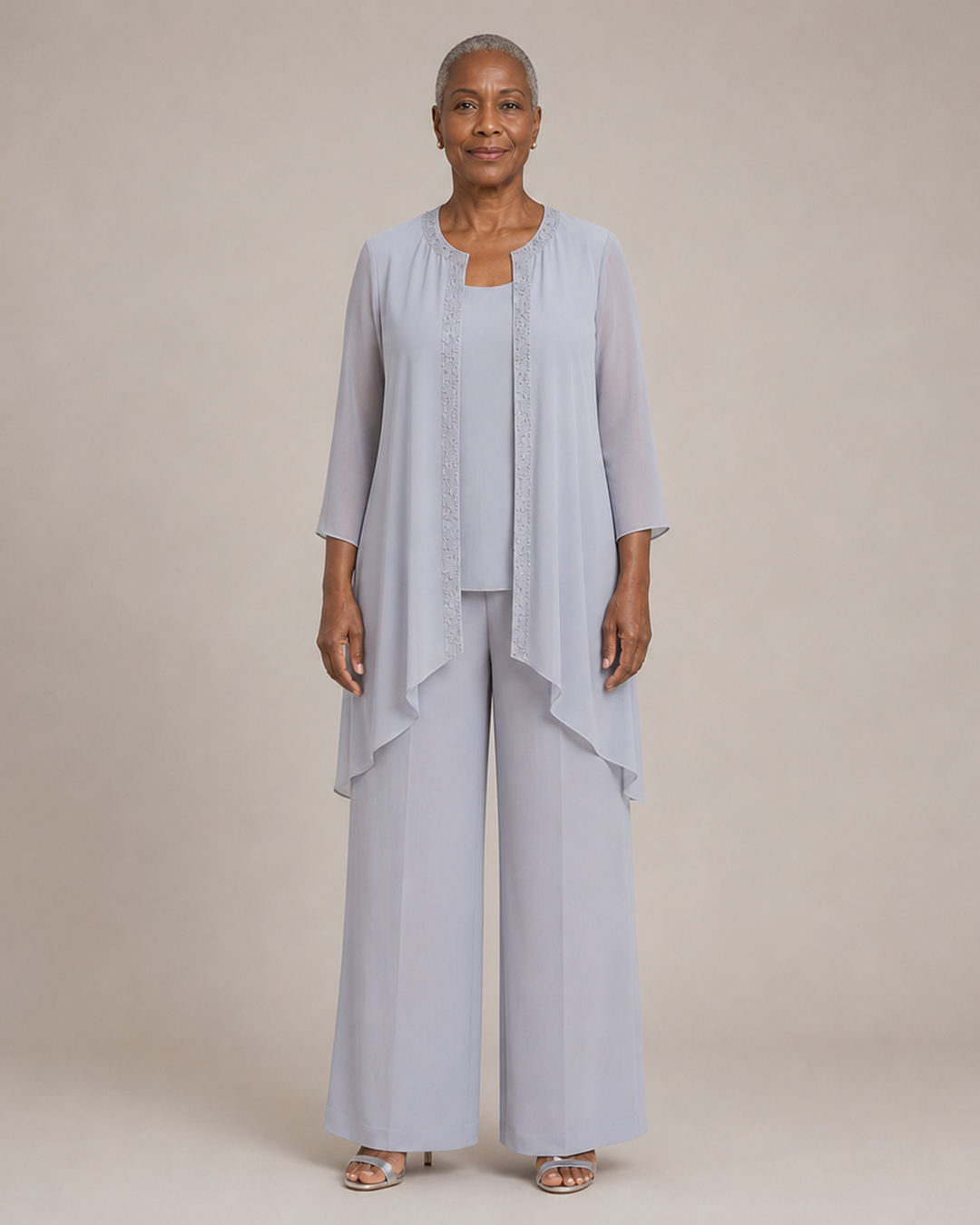 Beaded Three-Piece Chiffon Pant Suit with Draped Jacket
