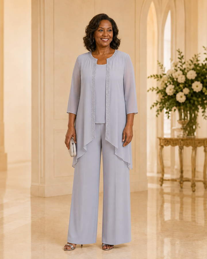 Beaded Three-Piece Chiffon Pant Suit with Draped Jacket