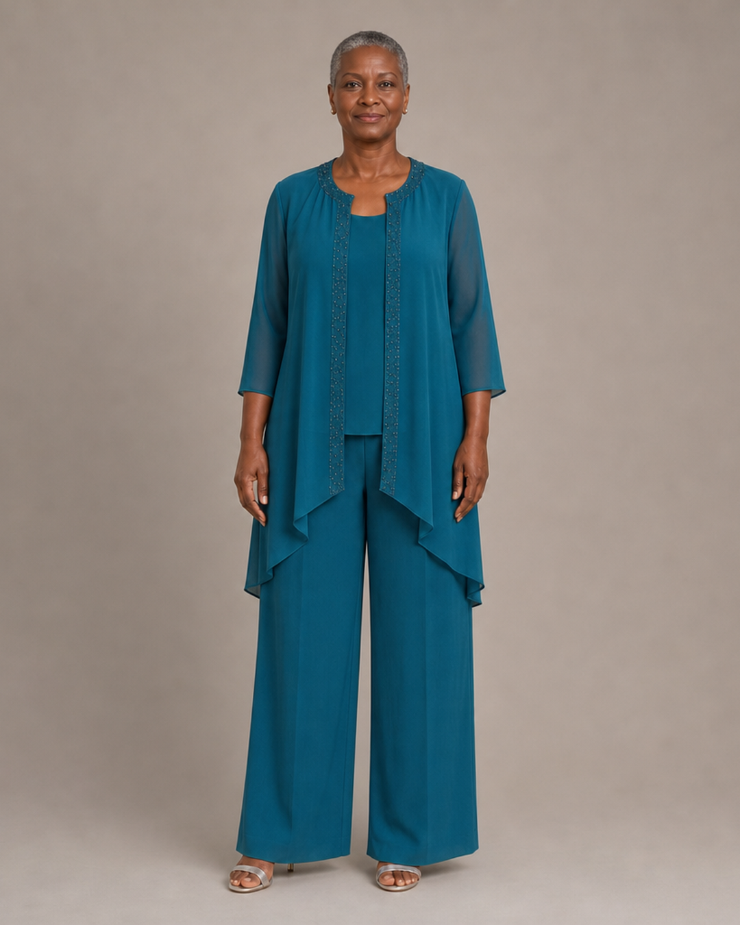 Beaded Three-Piece Chiffon Pant Suit with Draped Jacket