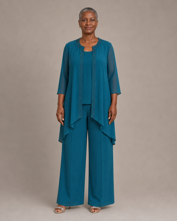 Beaded Three-Piece Chiffon Pant Suit with Draped Jacket