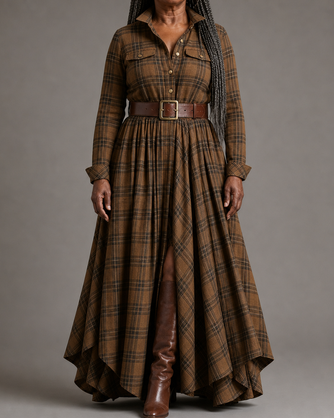 Béatrice | Robe Longue à Carreaux avec Ceinture
