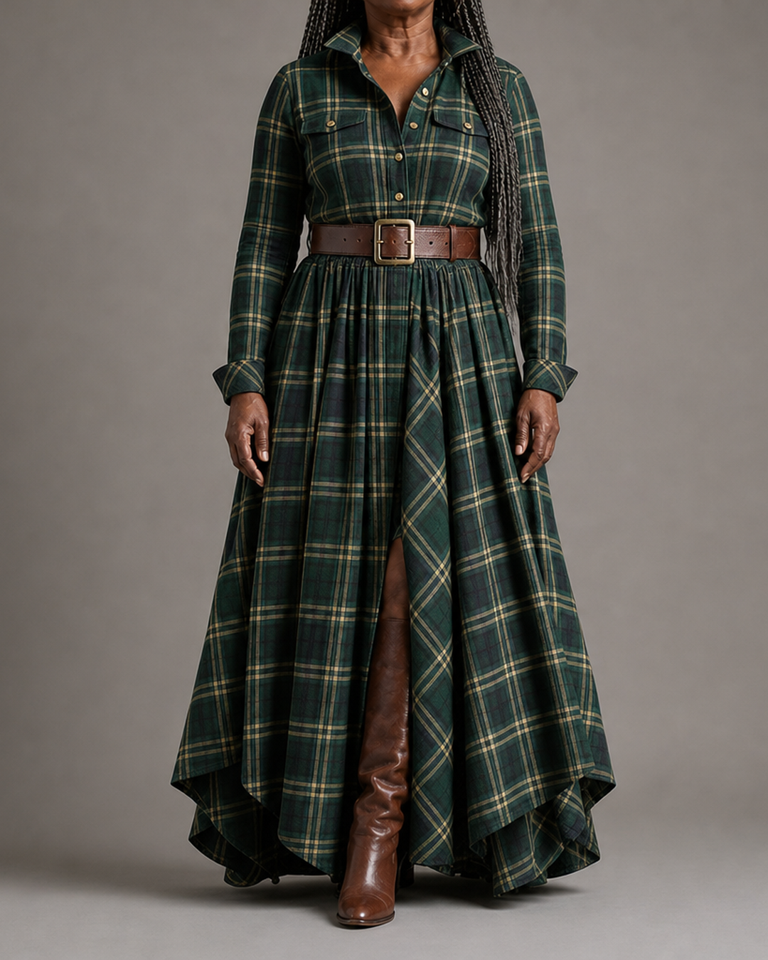 Béatrice | Robe Longue à Carreaux avec Ceinture