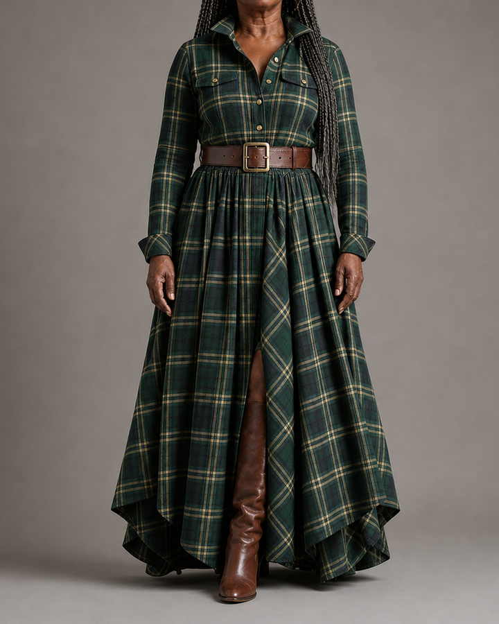 Béatrice | Robe Longue à Carreaux avec Ceinture