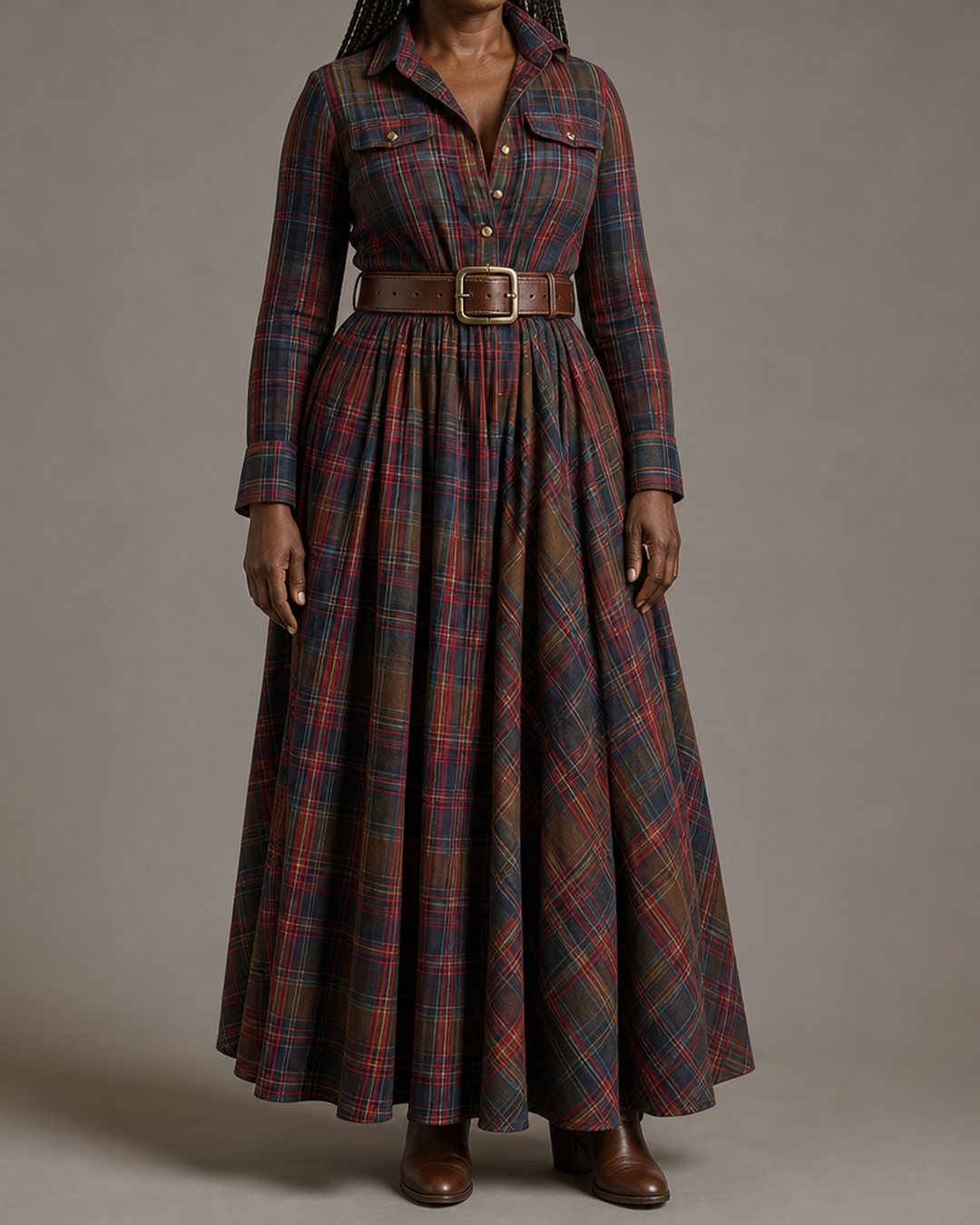 Béatrice | Robe Longue à Carreaux avec Ceinture