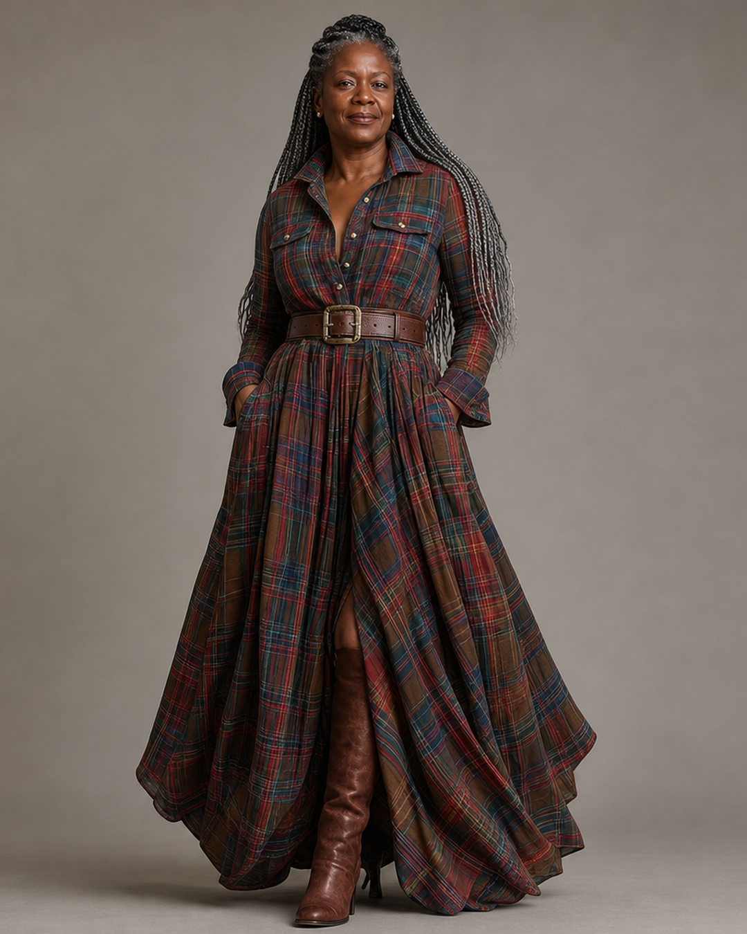 Béatrice | Robe Longue à Carreaux avec Ceinture