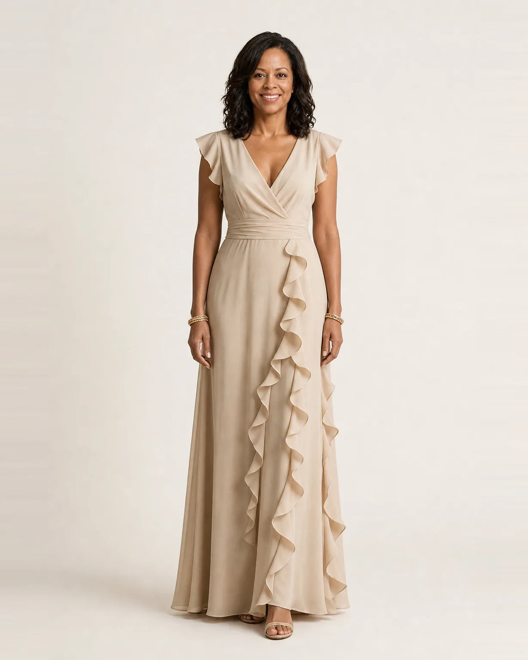 Nellyana | Wrap-Style V-Neck Flutter-Sleeve Cascading Ruffle Maxi Dress — Beige