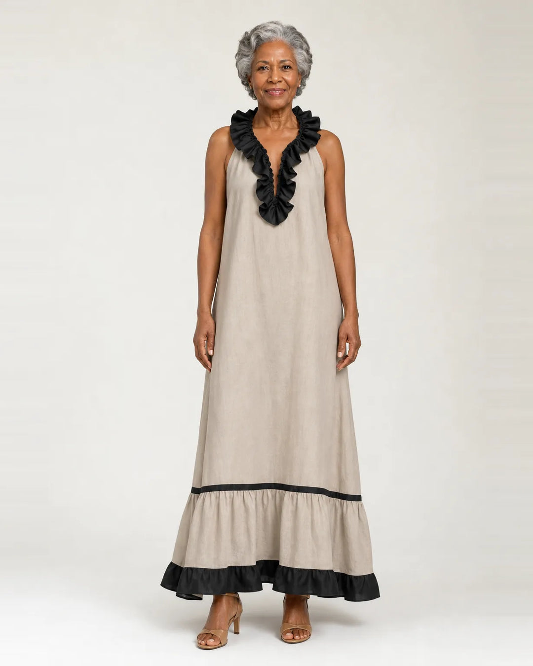 Mayline | Sleeveless Ruffle-Neck Contrast-Trim Maxi Dress — Beige