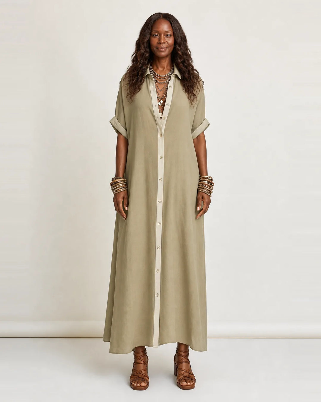 Kamira | Contrast-Collar Button-Front Short-Sleeve Maxi Shirt Dress — Beige