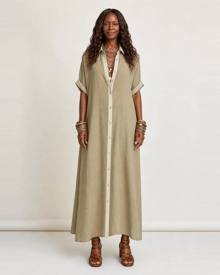 Kamira | Contrast-Collar Button-Front Short-Sleeve Maxi Shirt Dress — Beige