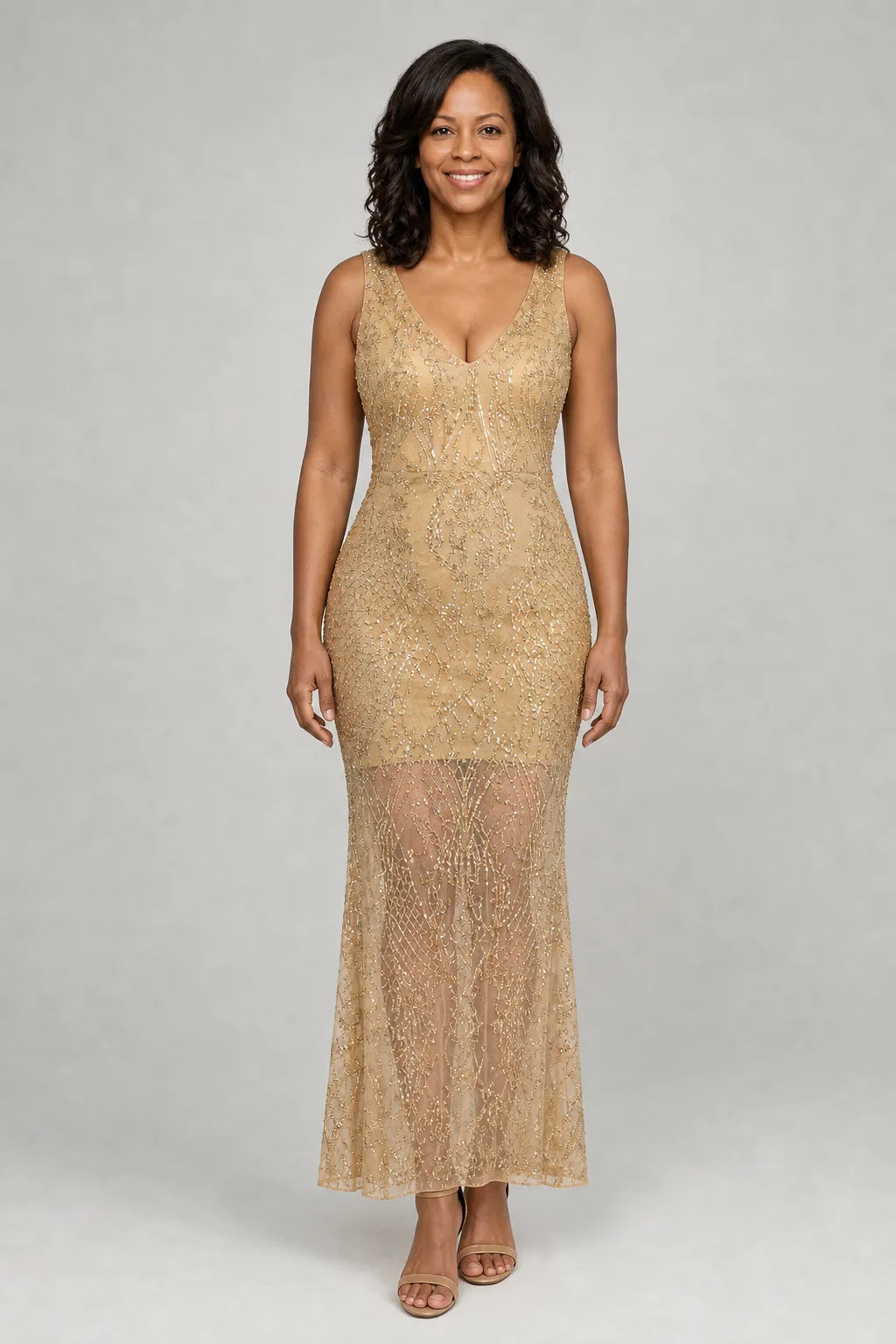 Sirea | Sequin Sleeveless Sheer Panel Midi Dress — Beige