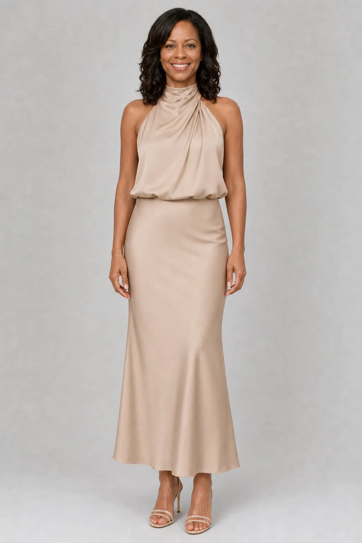 Nopal | Sleeveless Draped Neck Midi Dress — Beige
