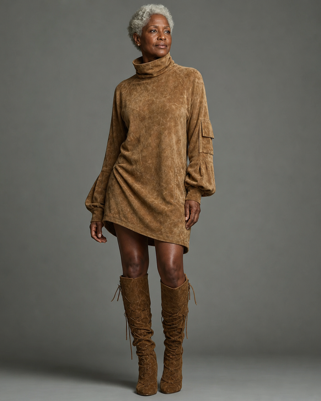 Bibiane | Mini Robe Oversize en Suédine à Col Montant