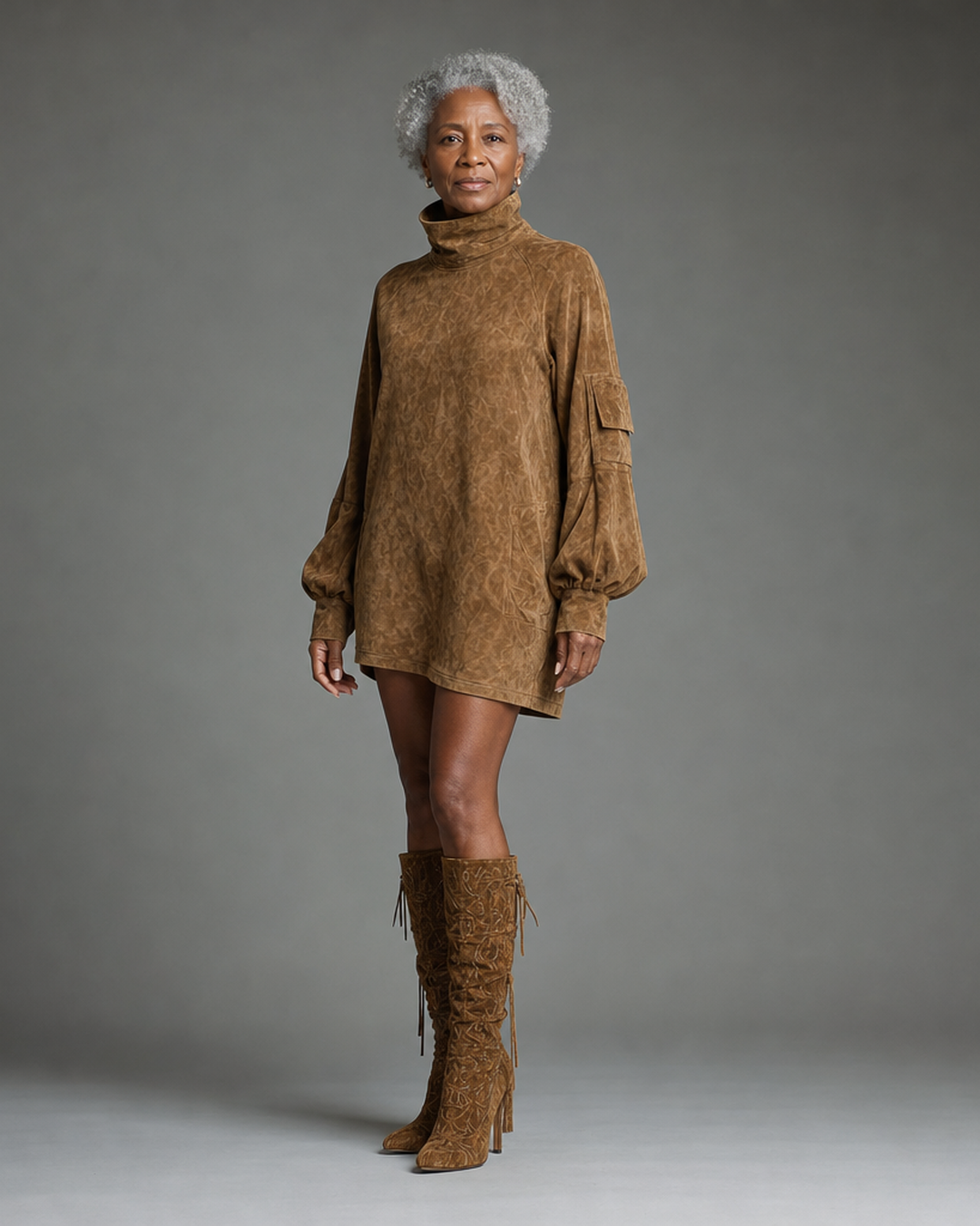 Bibiane | Mini Robe Oversize en Suédine à Col Montant