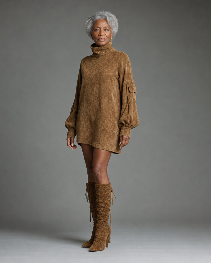 Bibiane | Mini Robe Oversize en Suédine à Col Montant
