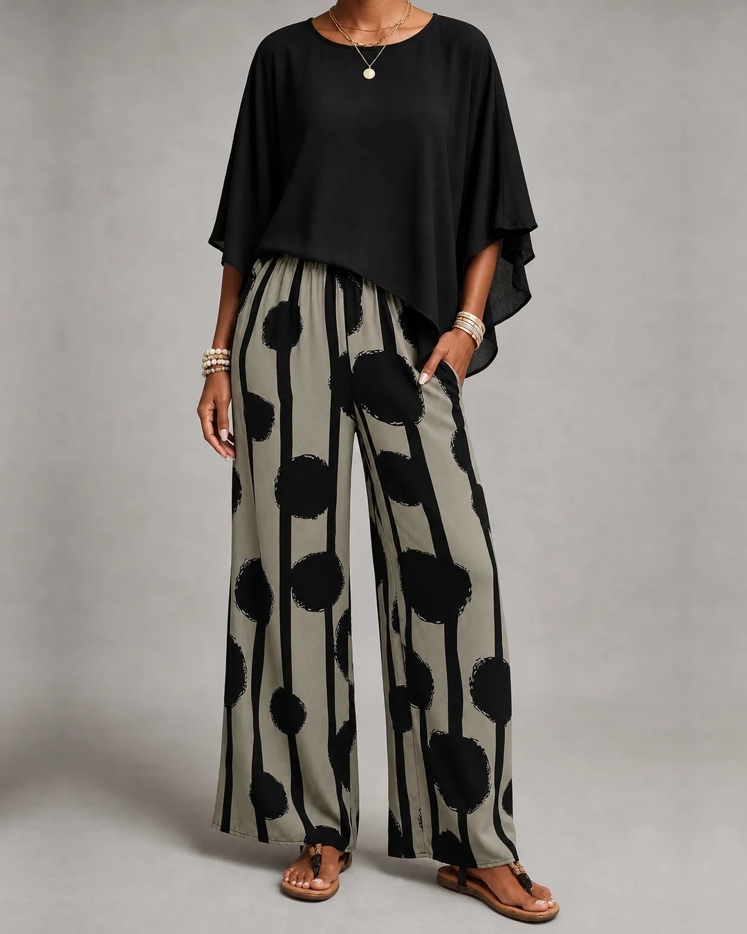 Imara | Poncho Top & Printed Wide-Leg Set