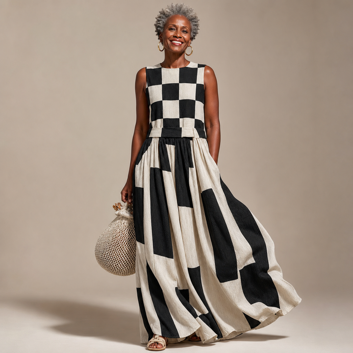 Ardenne | Plaid and Stripe Panelled Sleeveless Maxi Dress - Black and Cream