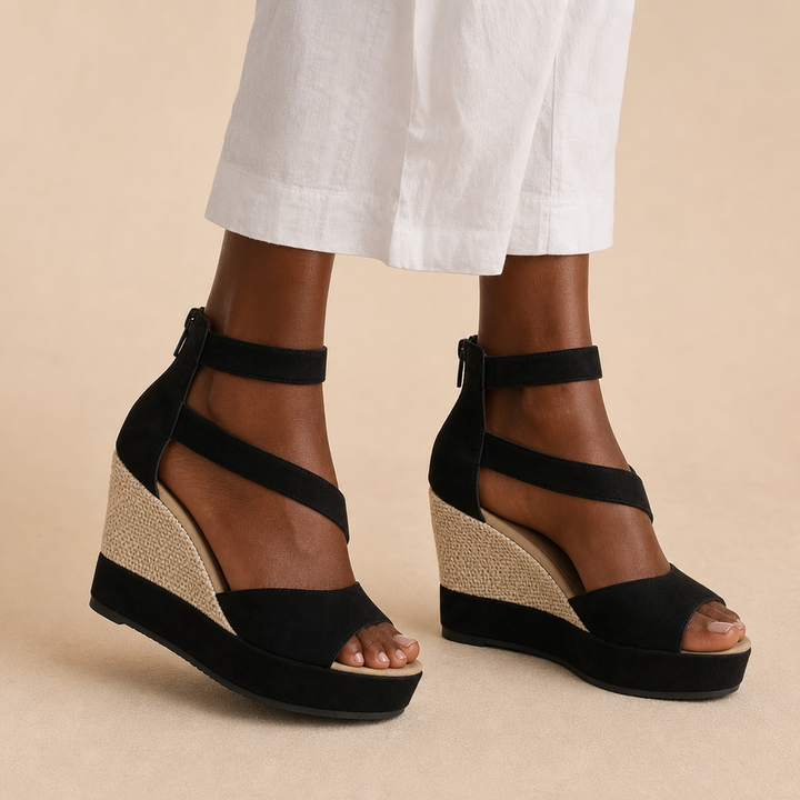 Bessie – Comfortable Wedge Sandals - Black