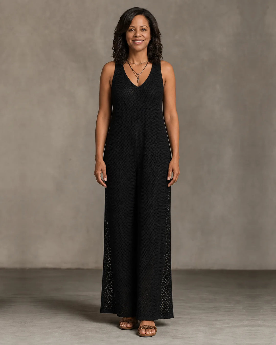 Aaliyah | Bohemian Relaxed Sleeveless Wide-Leg Olive Knit Maxi Dress